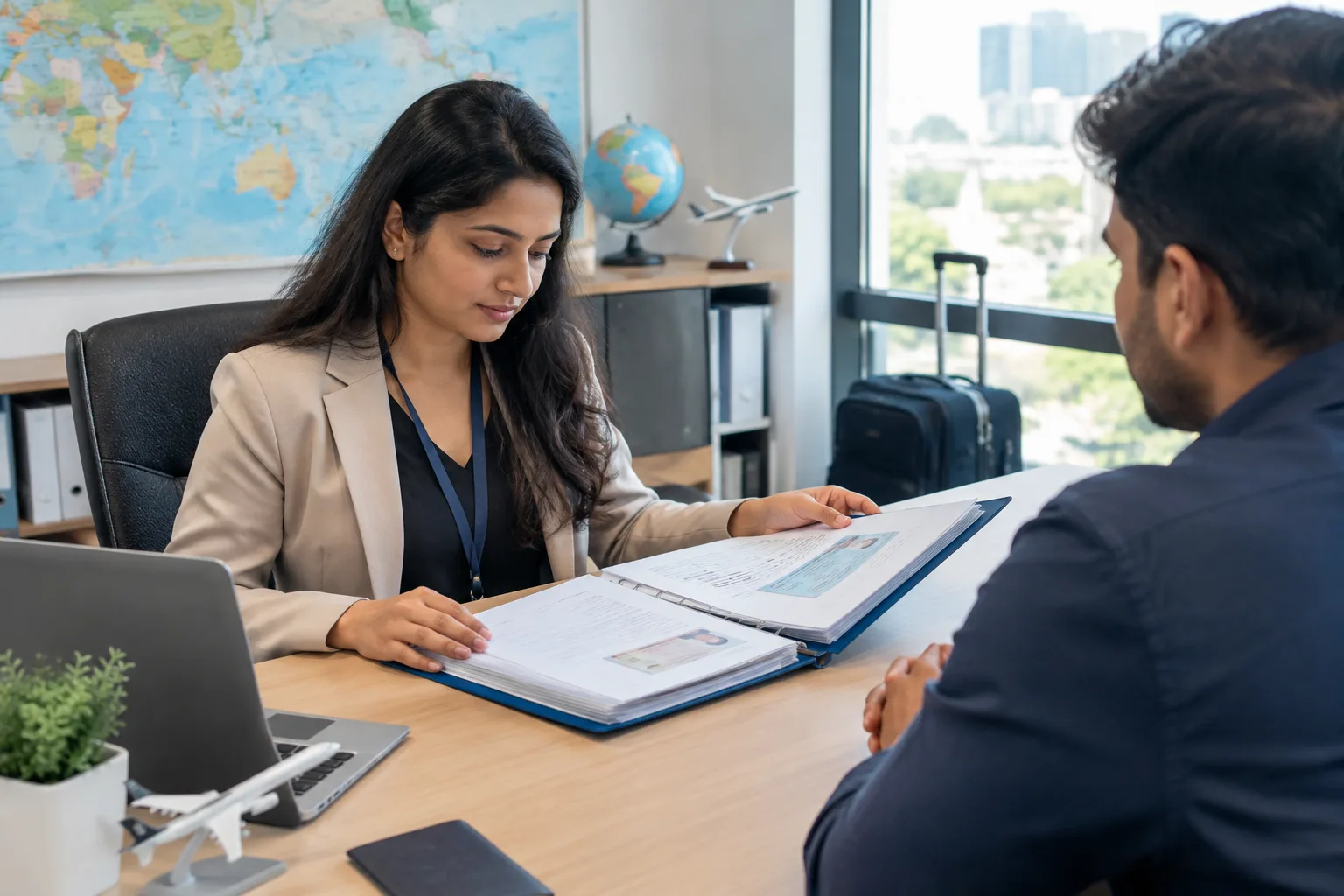 Travel coordinator reviewing a folder of visa documents with an employee preparing for a business trip
