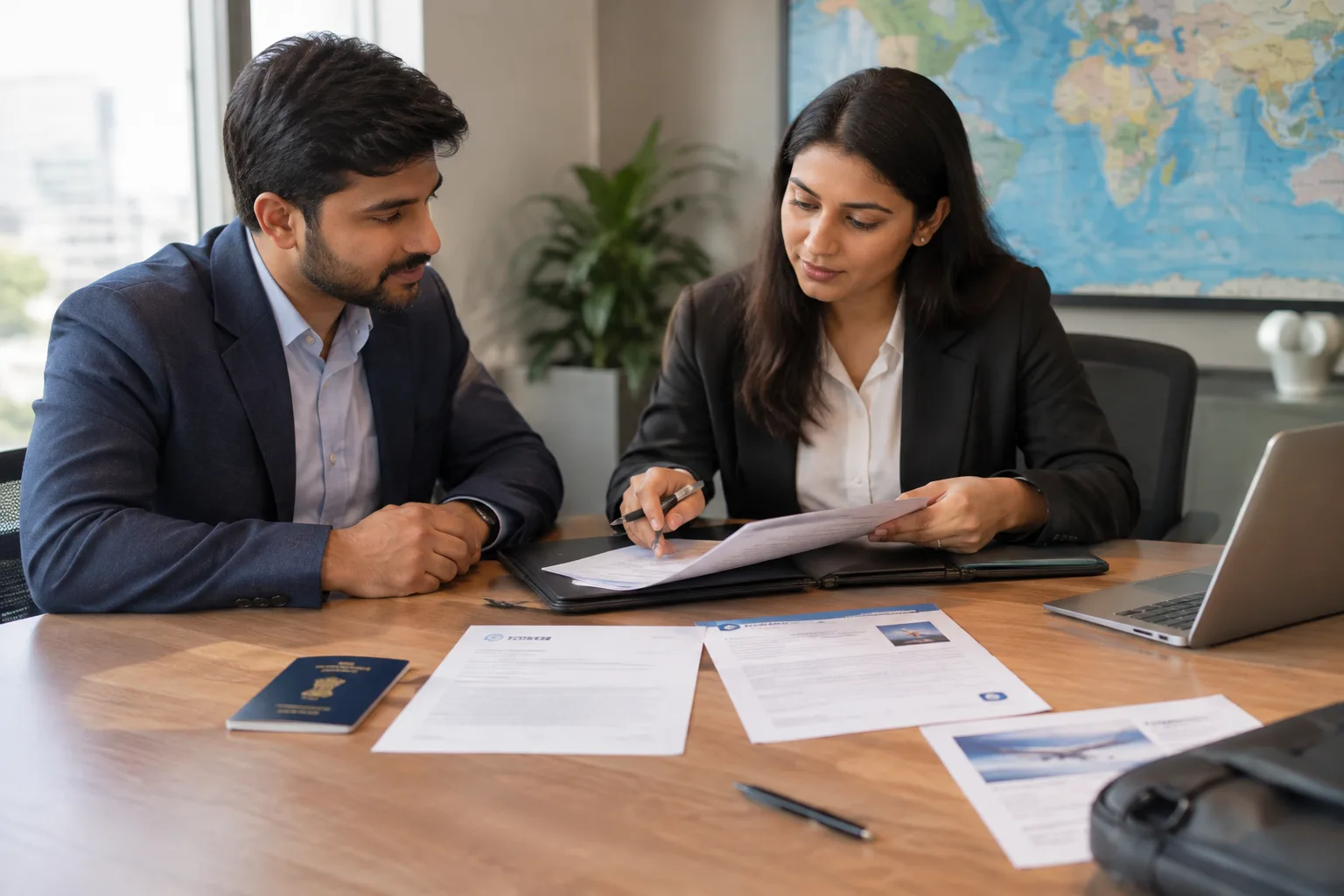 Passport, visa form, company cover letter and invitation letter arranged on a desk for a business visa application