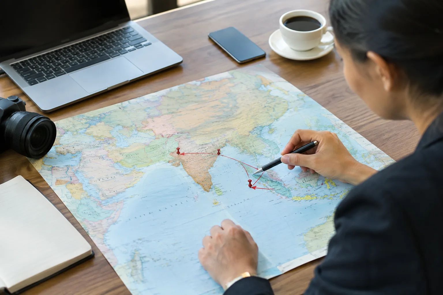 Business traveller in an airport lounge reviewing a multi-city itinerary on a smartphone