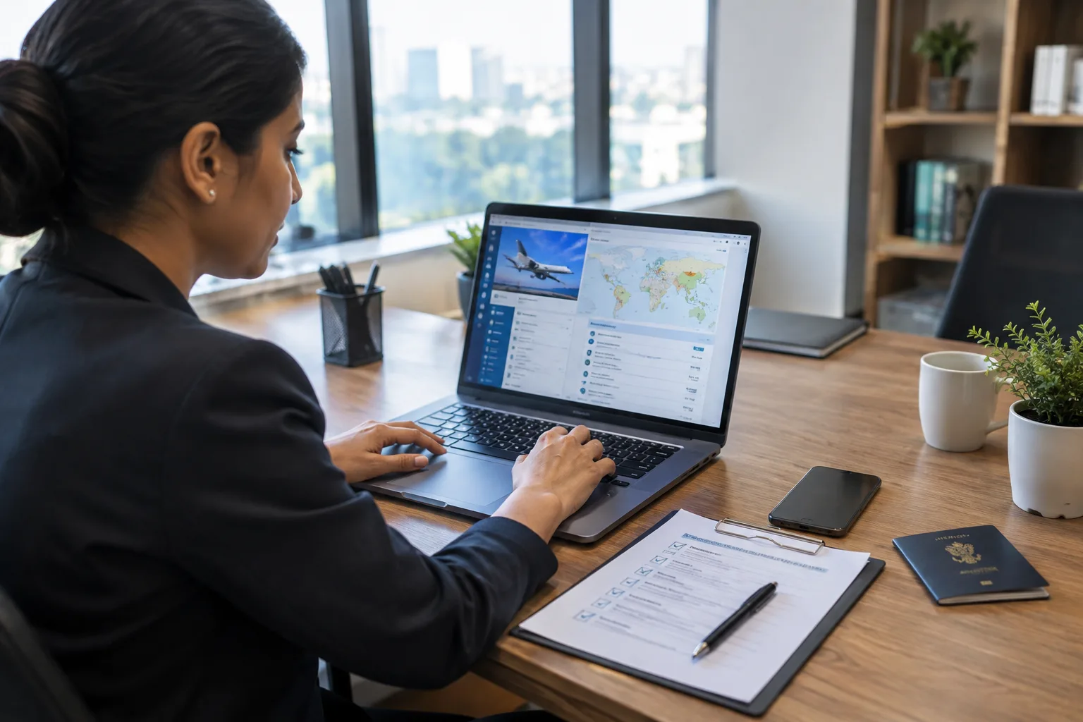 Office manager reviewing an employee travel itinerary and insurance details on a laptop