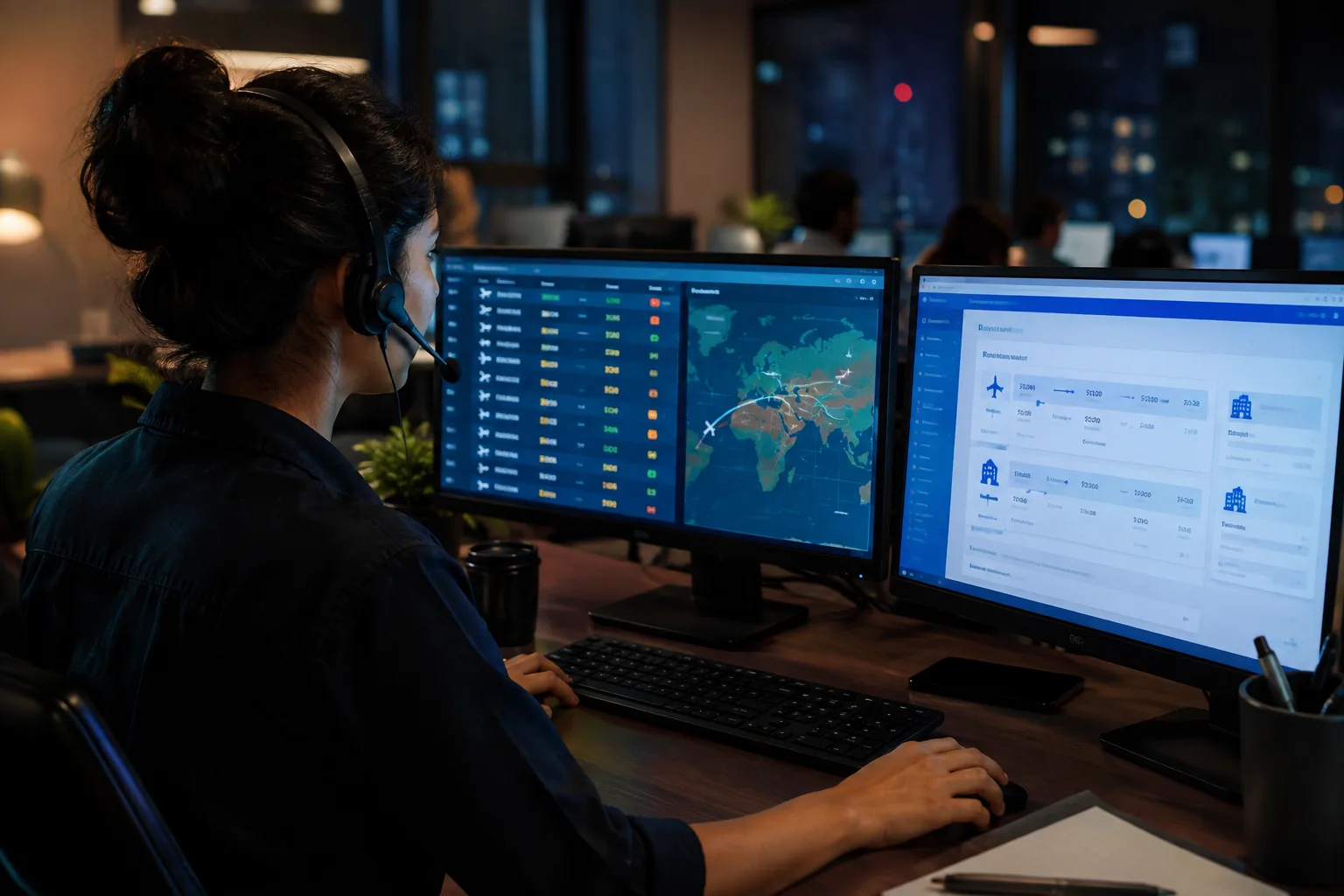 Support team member with a headset rebooking a traveller's flight late in the evening
