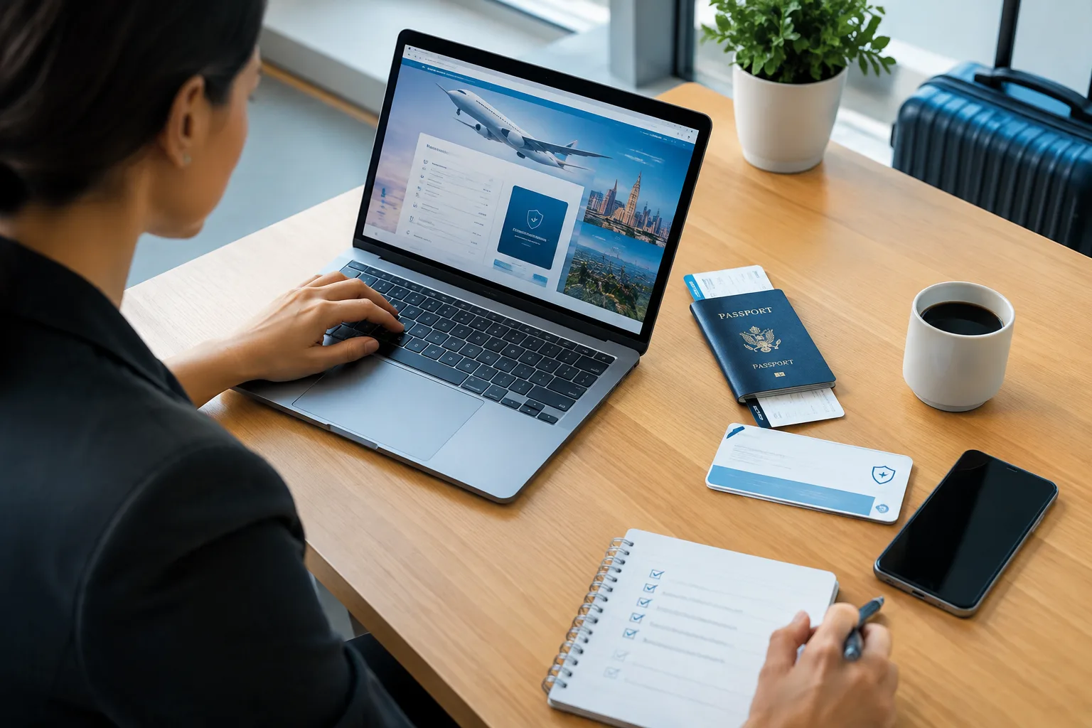 Passport, boarding pass, insurance card and a ticked travel checklist laid out on a desk