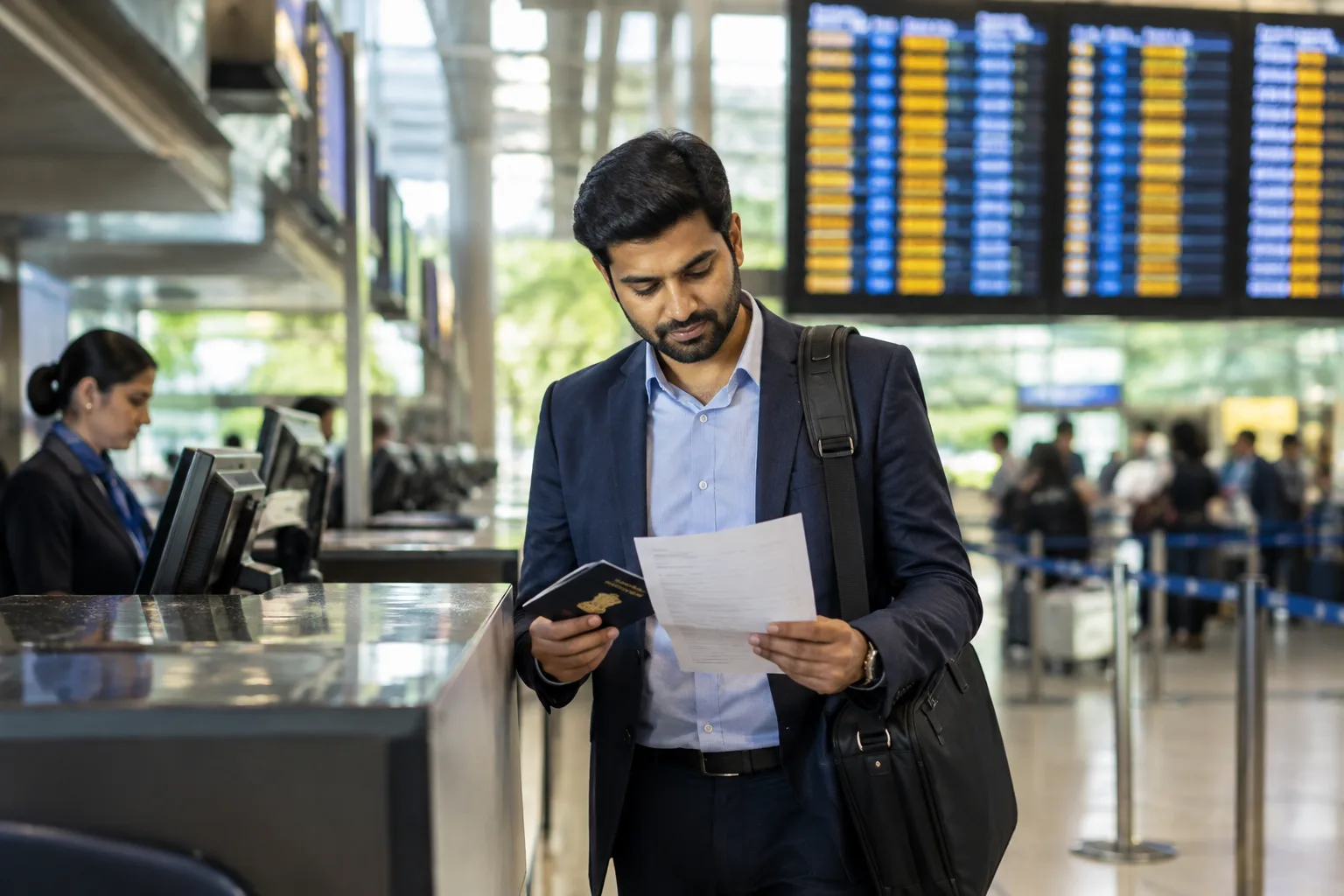 Business traveller at an airport check-in desk holding a passport and travel insurance papers