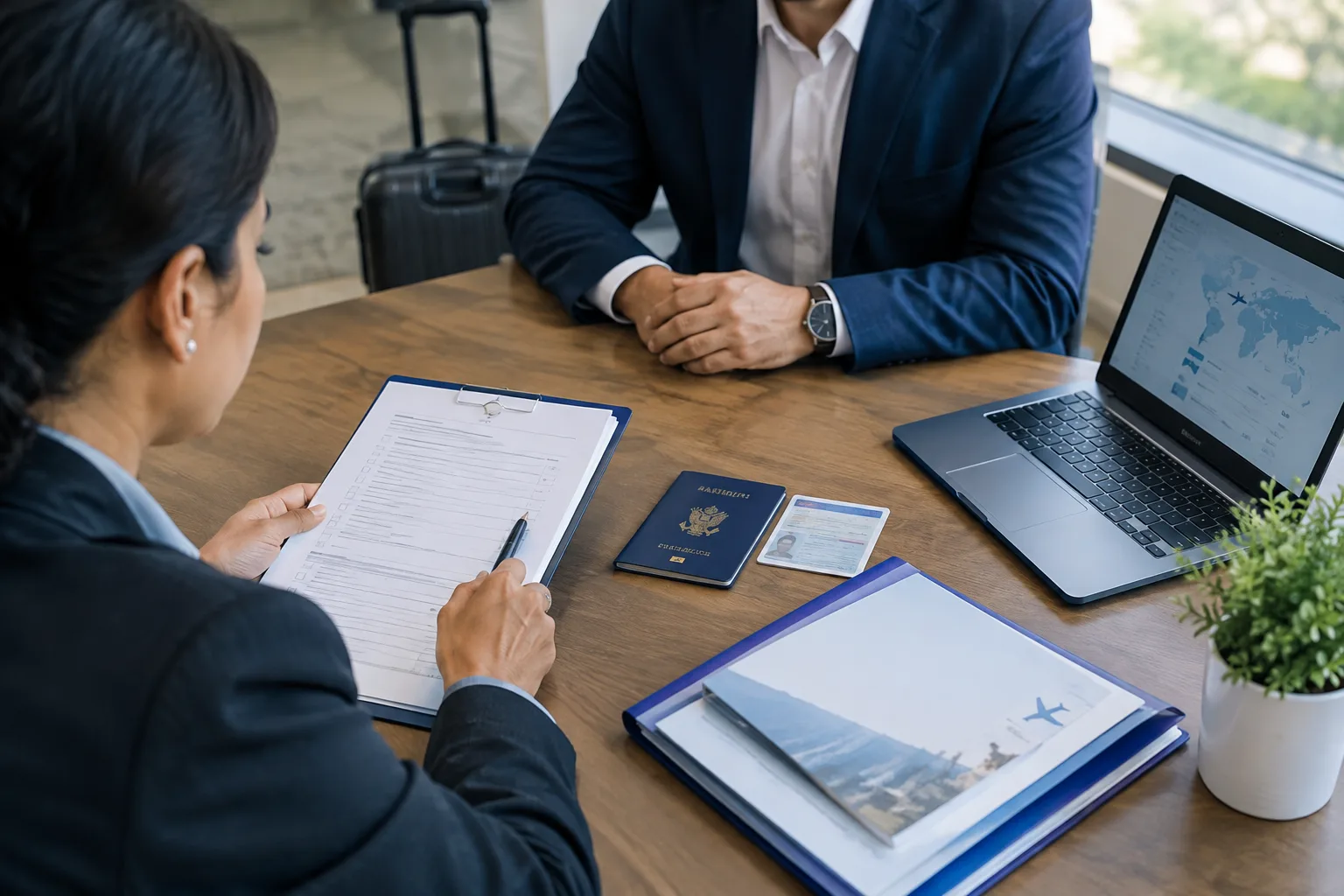 Travel specialist reviewing a visa document checklist with a corporate client at a desk