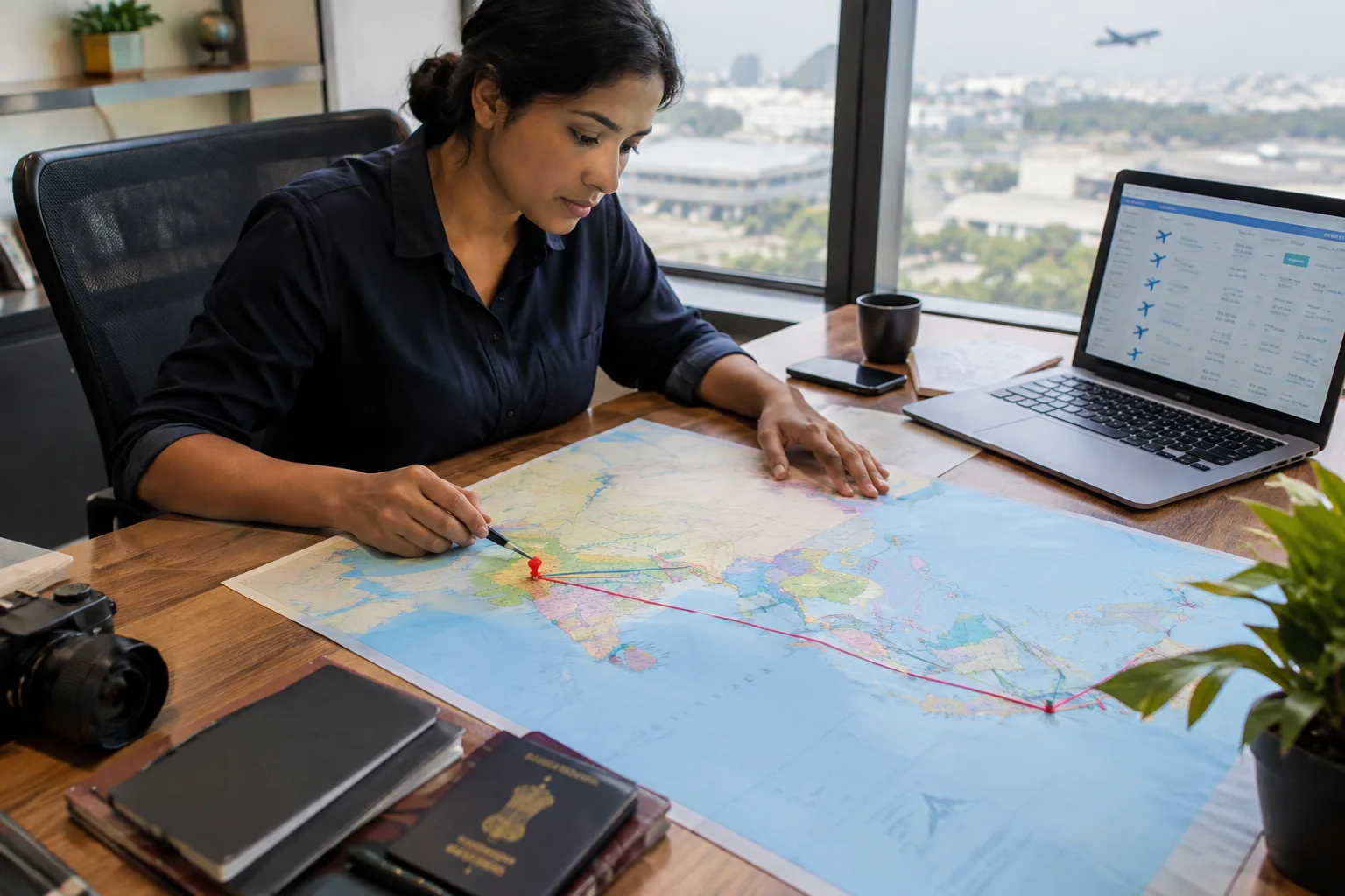 Travel coordinator marking a route between Pune, Chennai, Mumbai and Singapore on a printed map