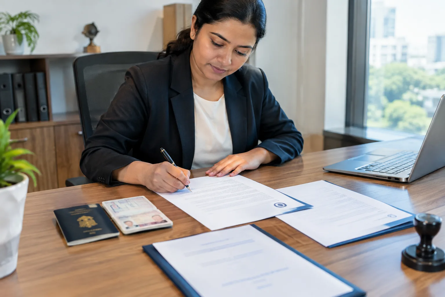 HR manager signing a company cover letter on letterhead next to a passport copy and company seal